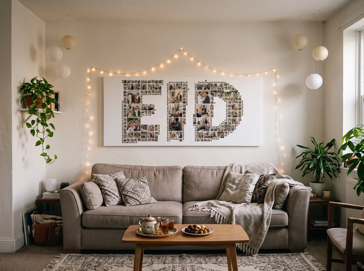 The EID collage as a long canvas above a sofa, with string lights and paper lanterns on the wall