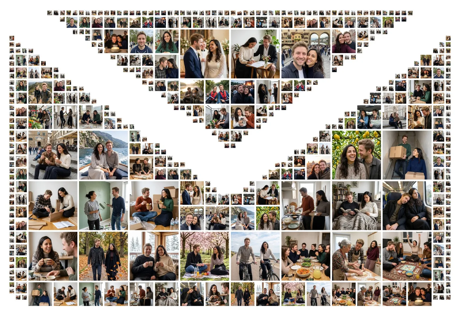 Envelope-shaped photo collage made of about 40 photos of a couple’s first year