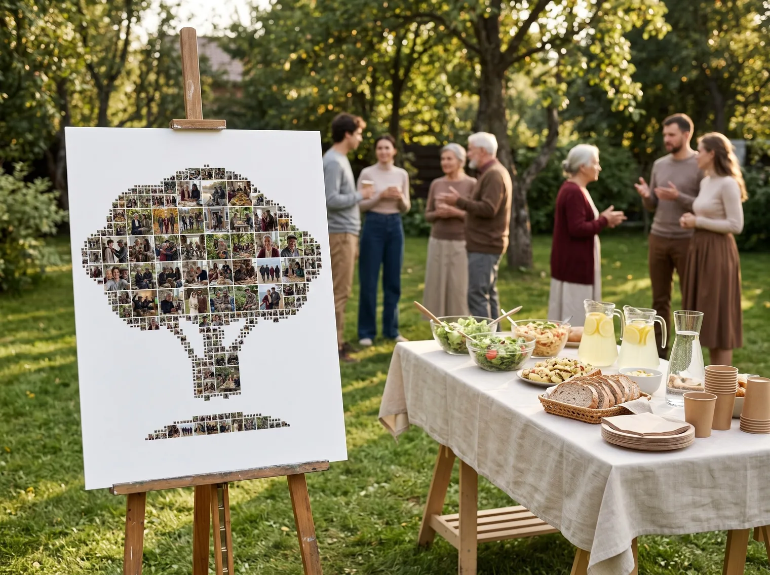 The family tree collage on an easel at a garden family reunion with salads and lemonade on the table