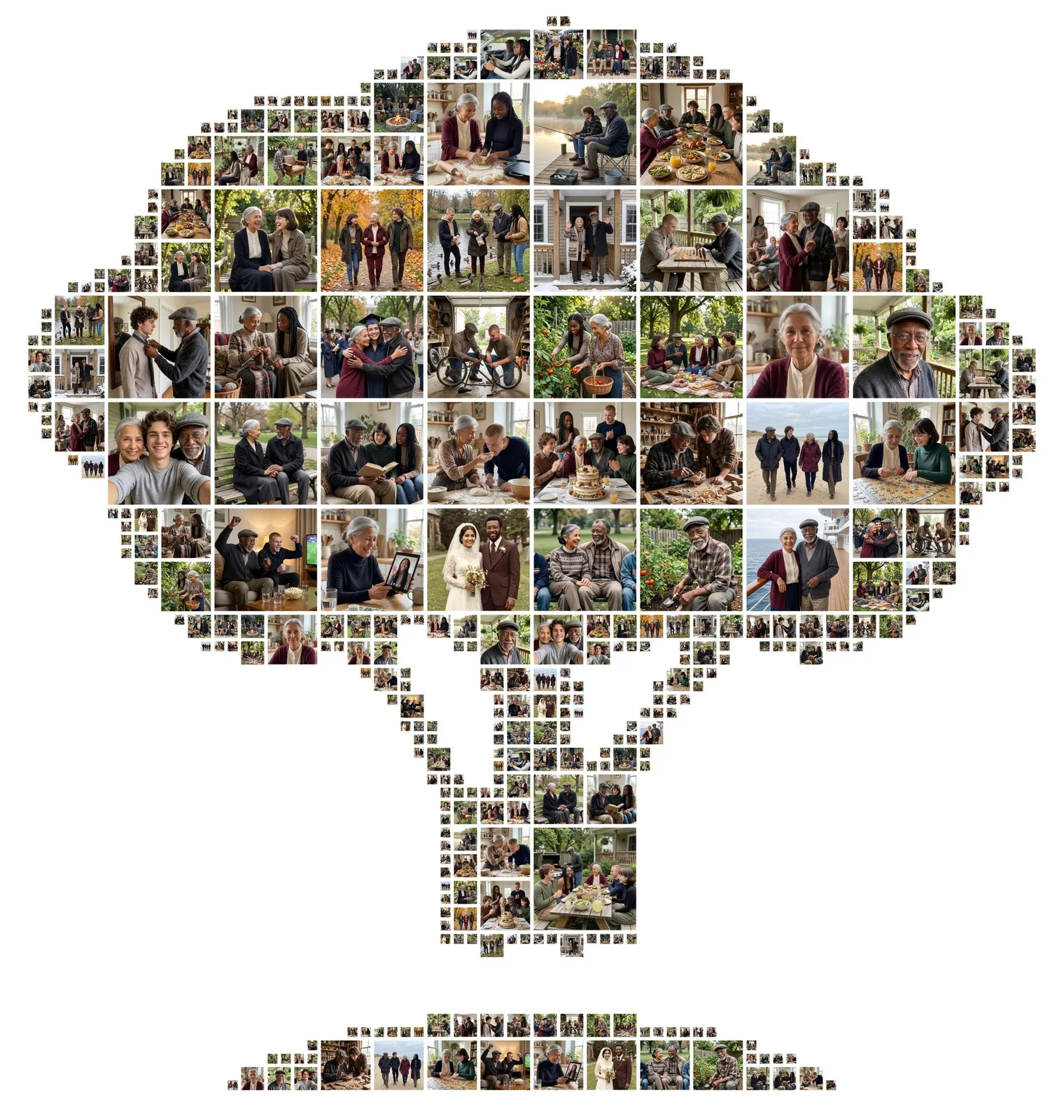 Tree-shaped family photo collage with a round crown and ground, made of photos from several generations