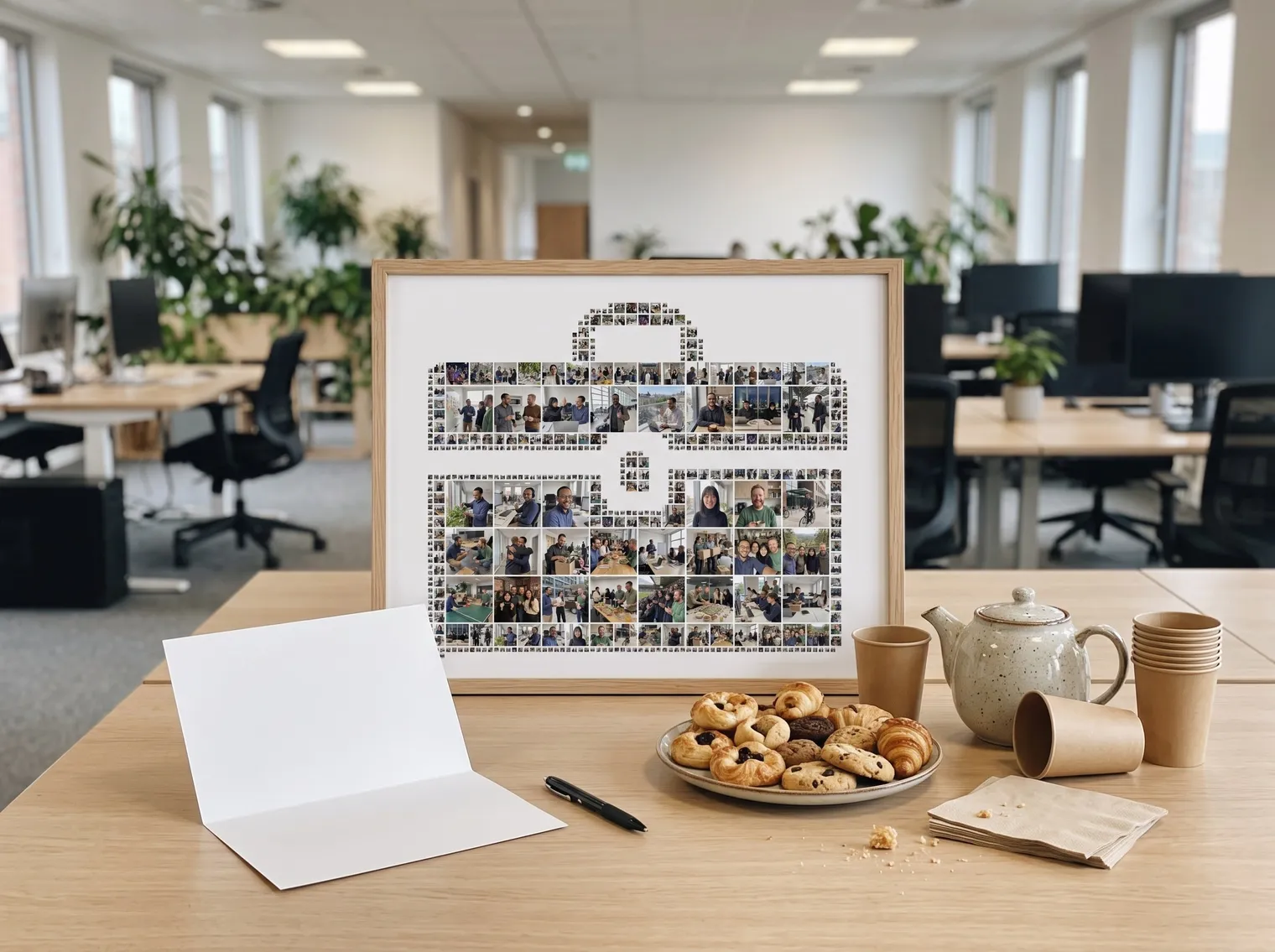 Briefcase photo collage in a light-wood frame on a farewell table behind a large blank card, a pen, pastries and a teapot