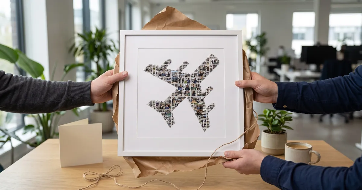 Two colleagues hold up an airplane-shaped photo collage in a slim white frame with a wide mat, half unwrapped from brown kraft paper and twine, on a bright office desk beside a blank card, a plant and a coffee mug