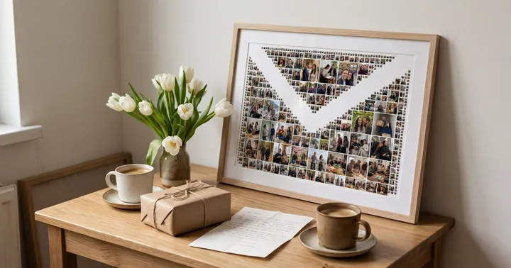 An envelope-shaped photo collage in a pale-oak frame with a narrow white mat on a breakfast table with two cups of coffee, a folded handwritten letter, a gift wrapped in kraft paper and a vase of white tulips