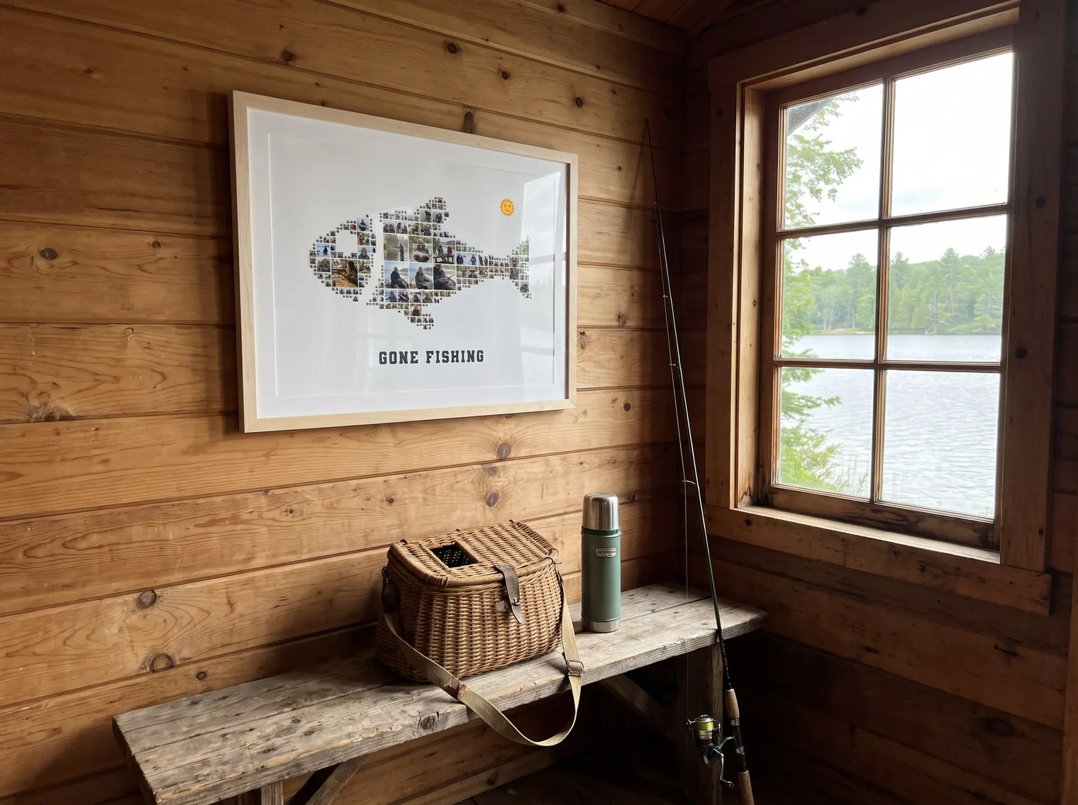 The fish photo collage in a birch frame on the plank wall of a lake cabin above a fishing rod, a wicker creel and a thermos