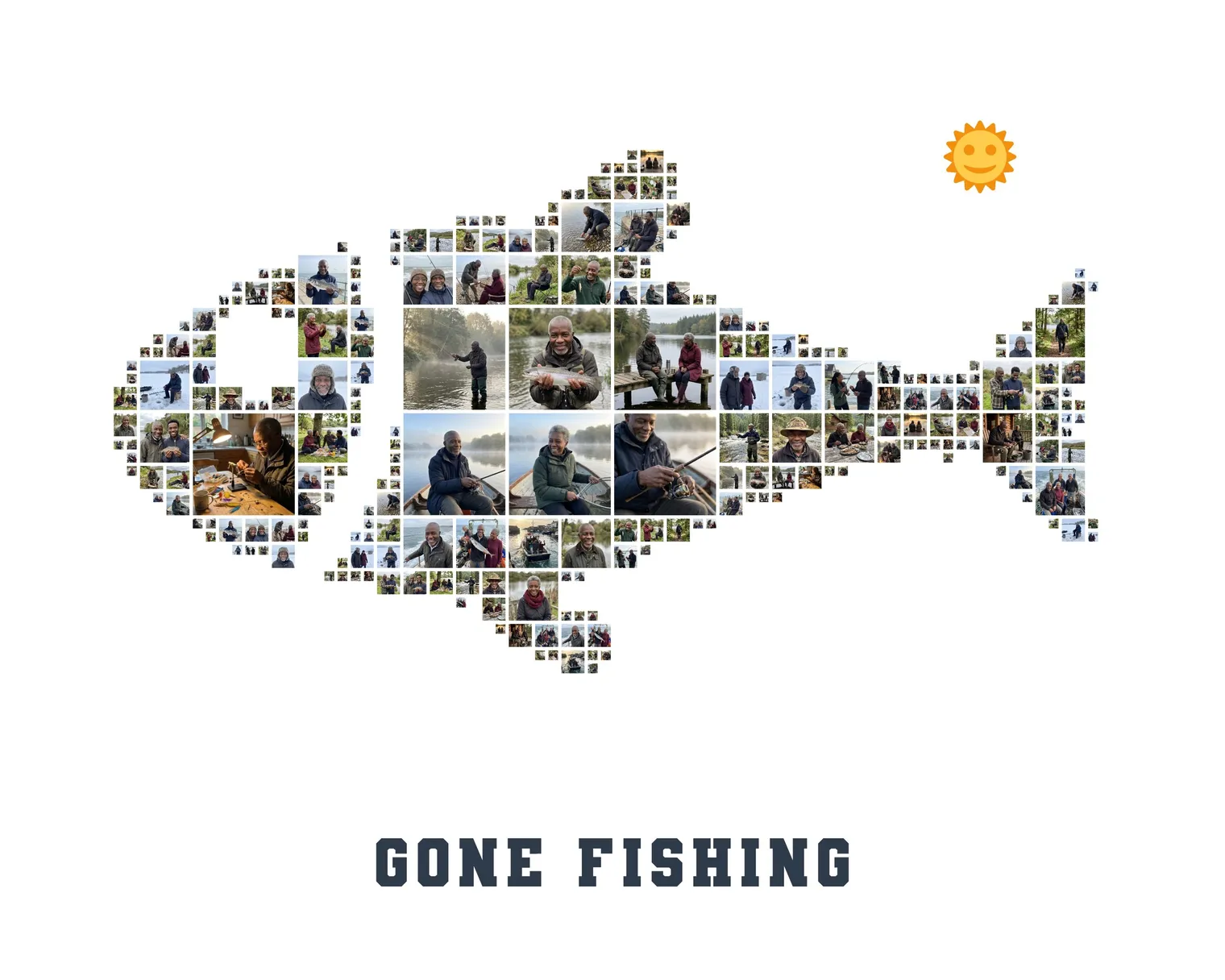 Fish-shaped photo collage made of about 40 fishing photos, with the text GONE FISHING below it and a small sun emoji above the tail