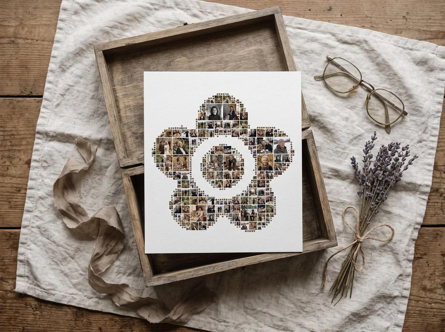 Flower memorial collage print in an open wooden memory box with old reading glasses, dried lavender and a ribbon