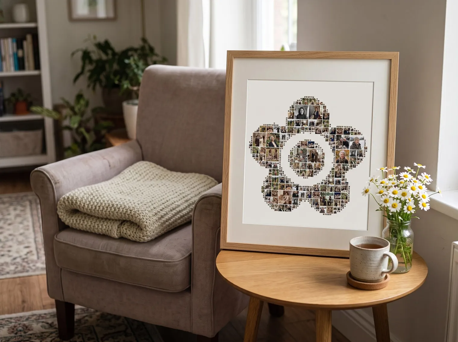 The flower-shaped memorial collage in a light-oak frame with a wide white mat on a side table in a reading corner, beside an armchair, a cup of tea and white daisies