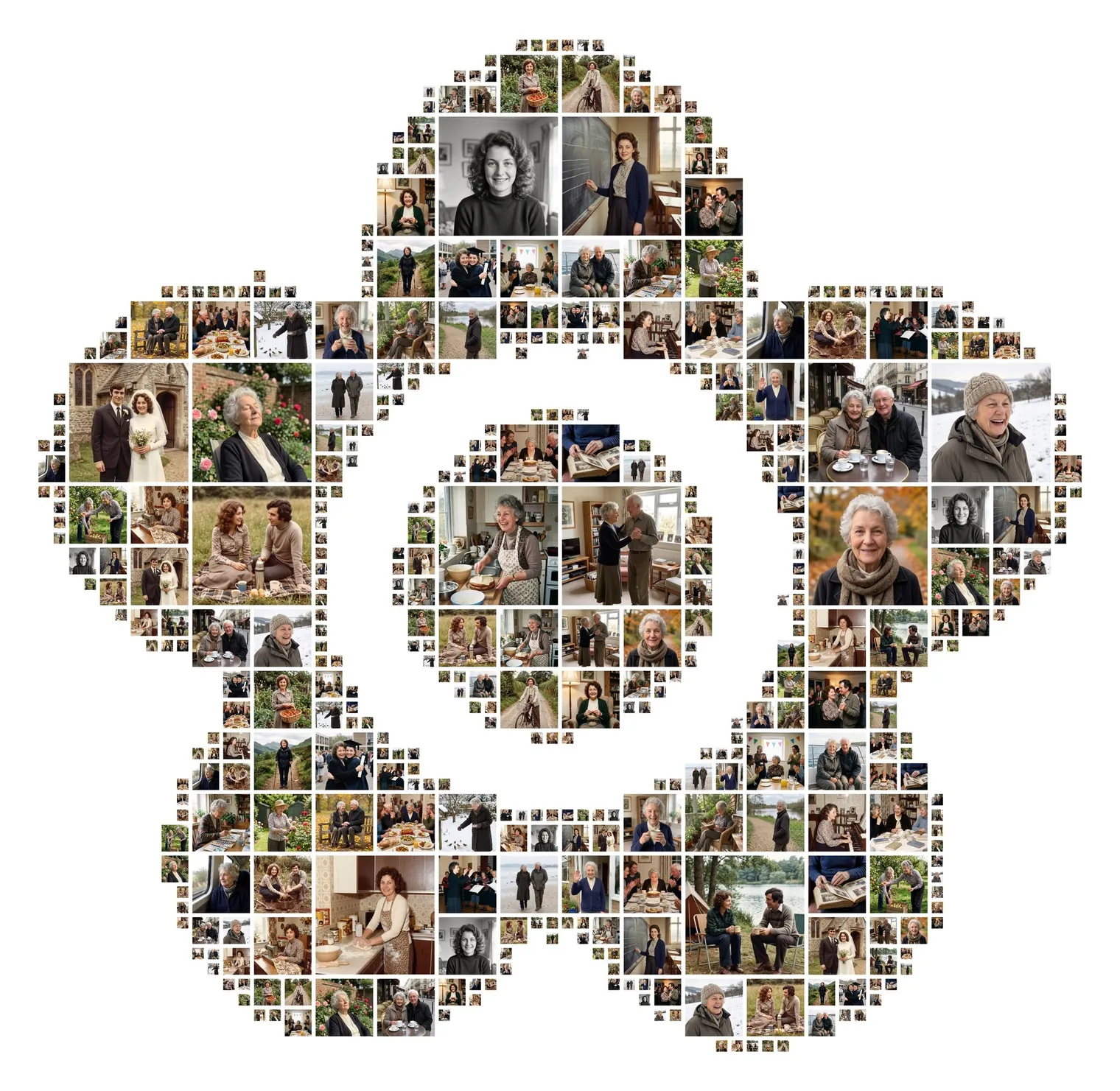 Five-petal flower-shaped memorial collage with a ring of petals around a round block of photos in the centre, made of photos from one woman’s life