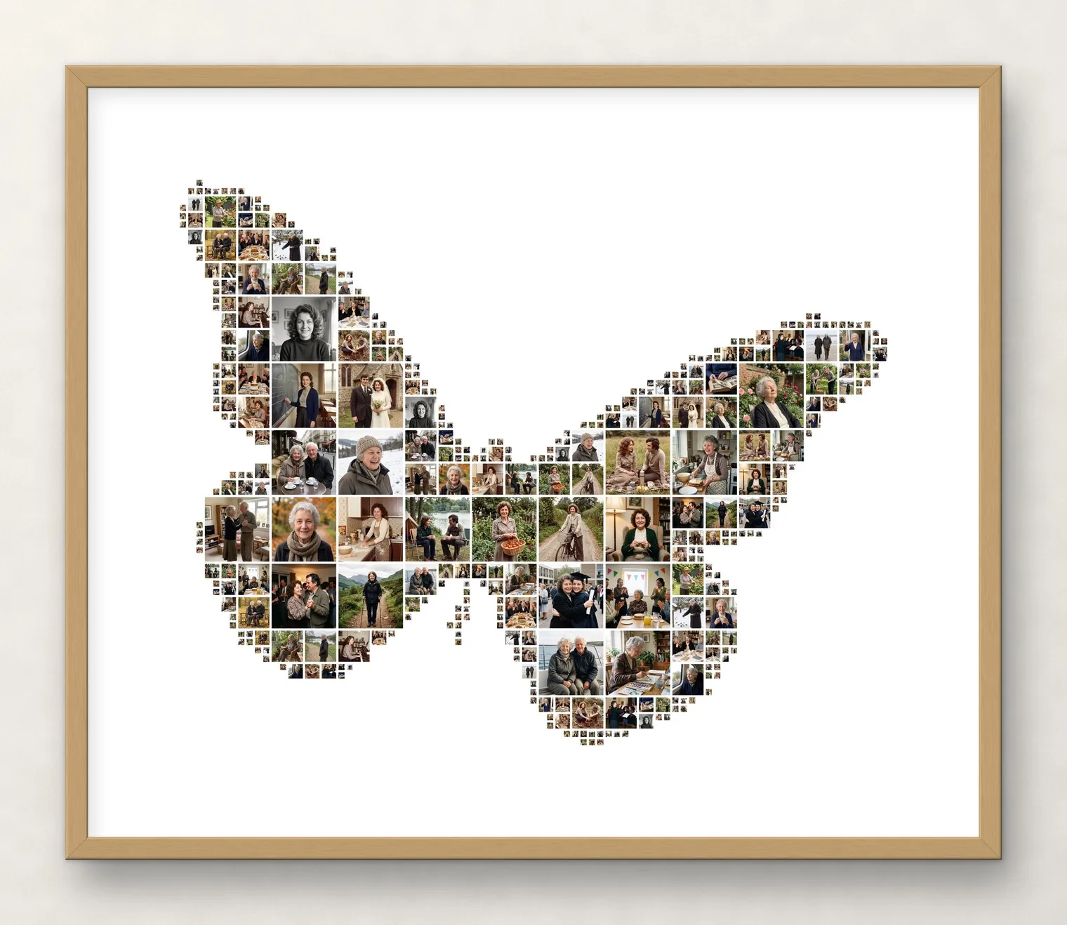 Butterfly-shaped memorial picture collage made of photos from one woman’s life, in a thin oak frame