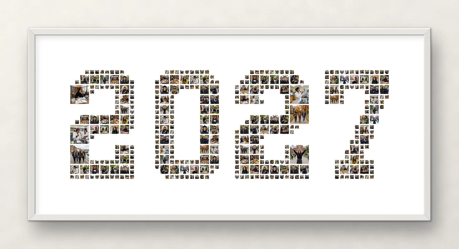 The year 2027 in bold varsity digits made of photos of a graduate’s university years, in a thin white frame