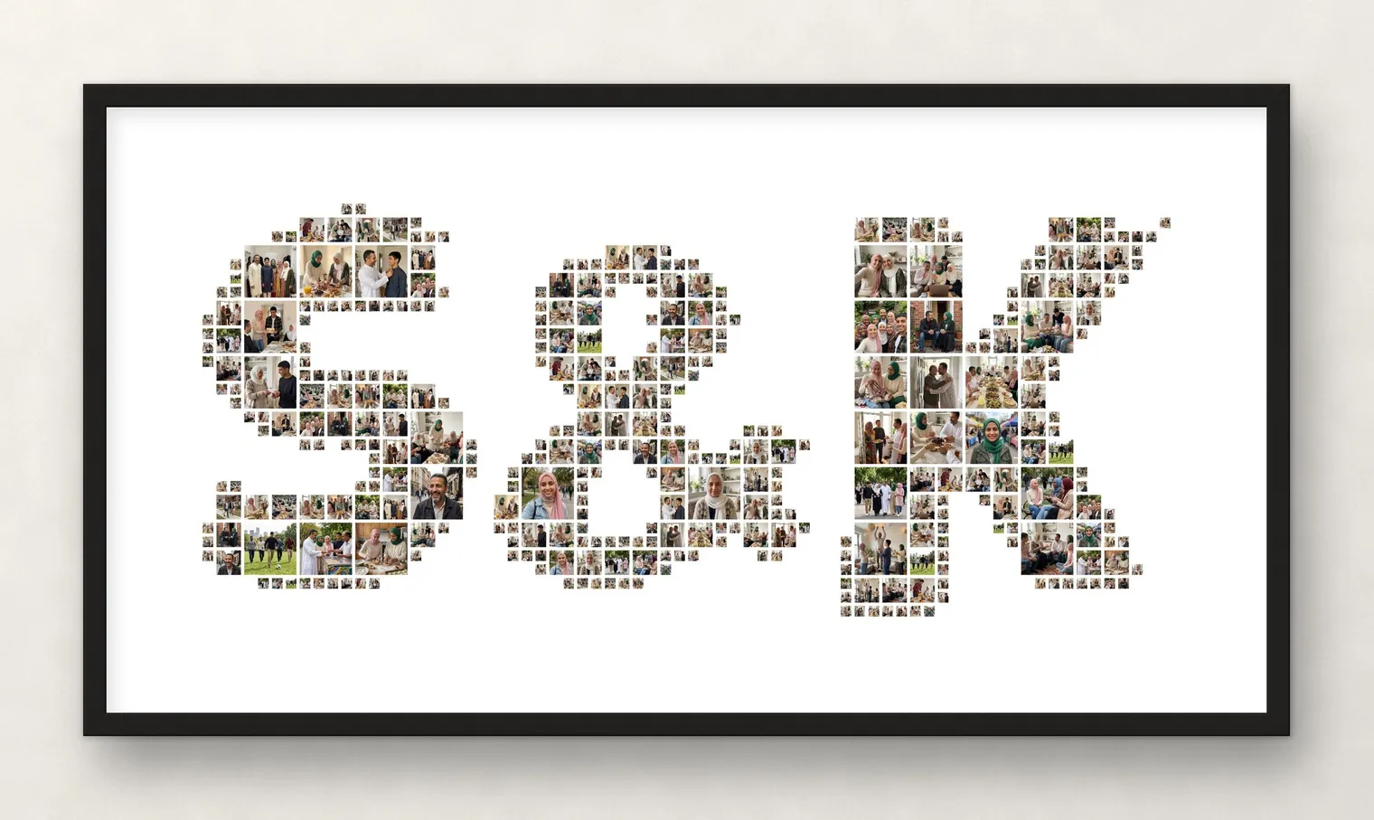 The initials S and K with an ampersand in rounded bold letters made of example photos, a family initials photo collage, in a thin black frame