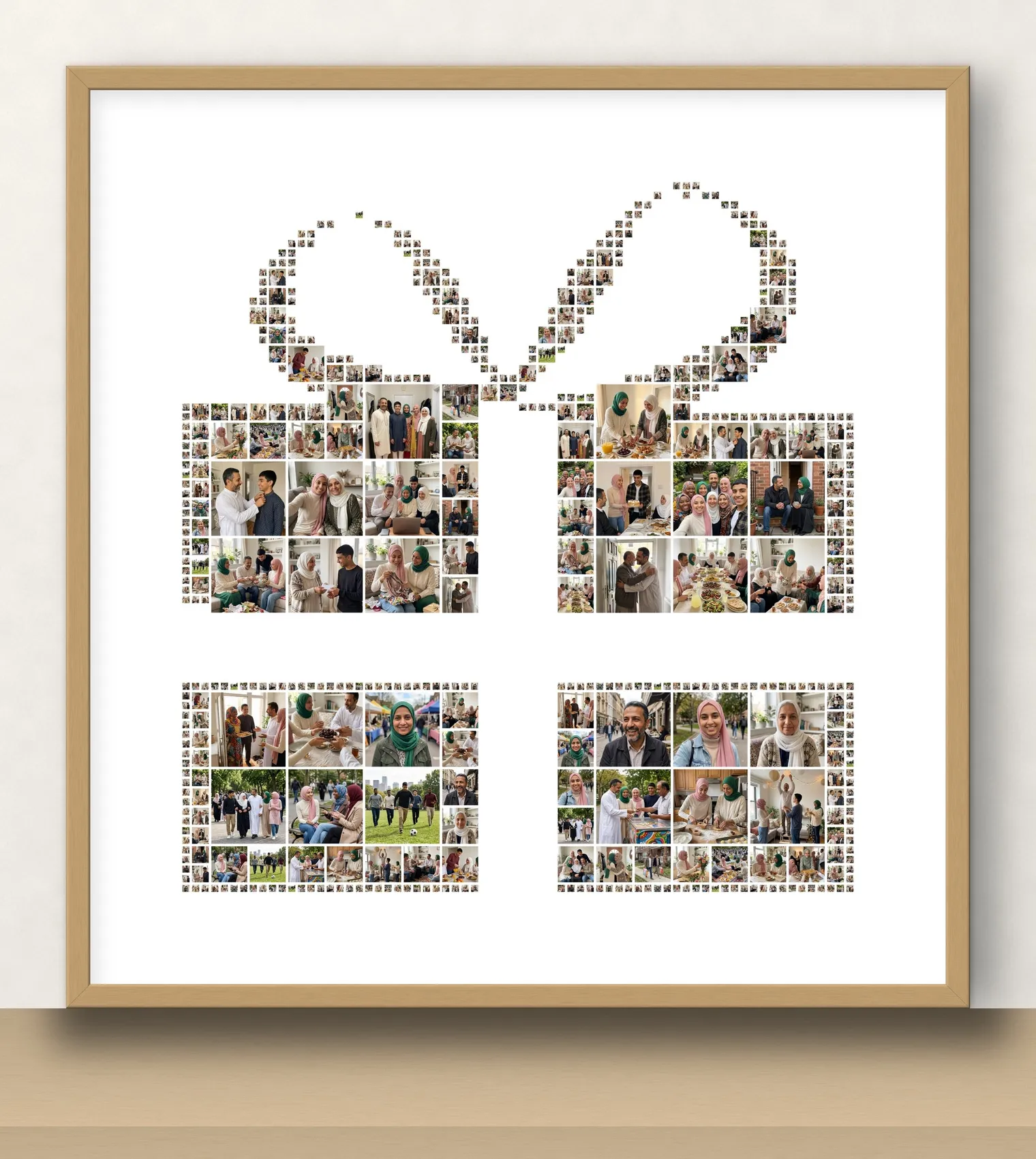 A gift box with a bow made of example photos, a gift box photo collage for an Eid present, in a thin oak frame on a shelf