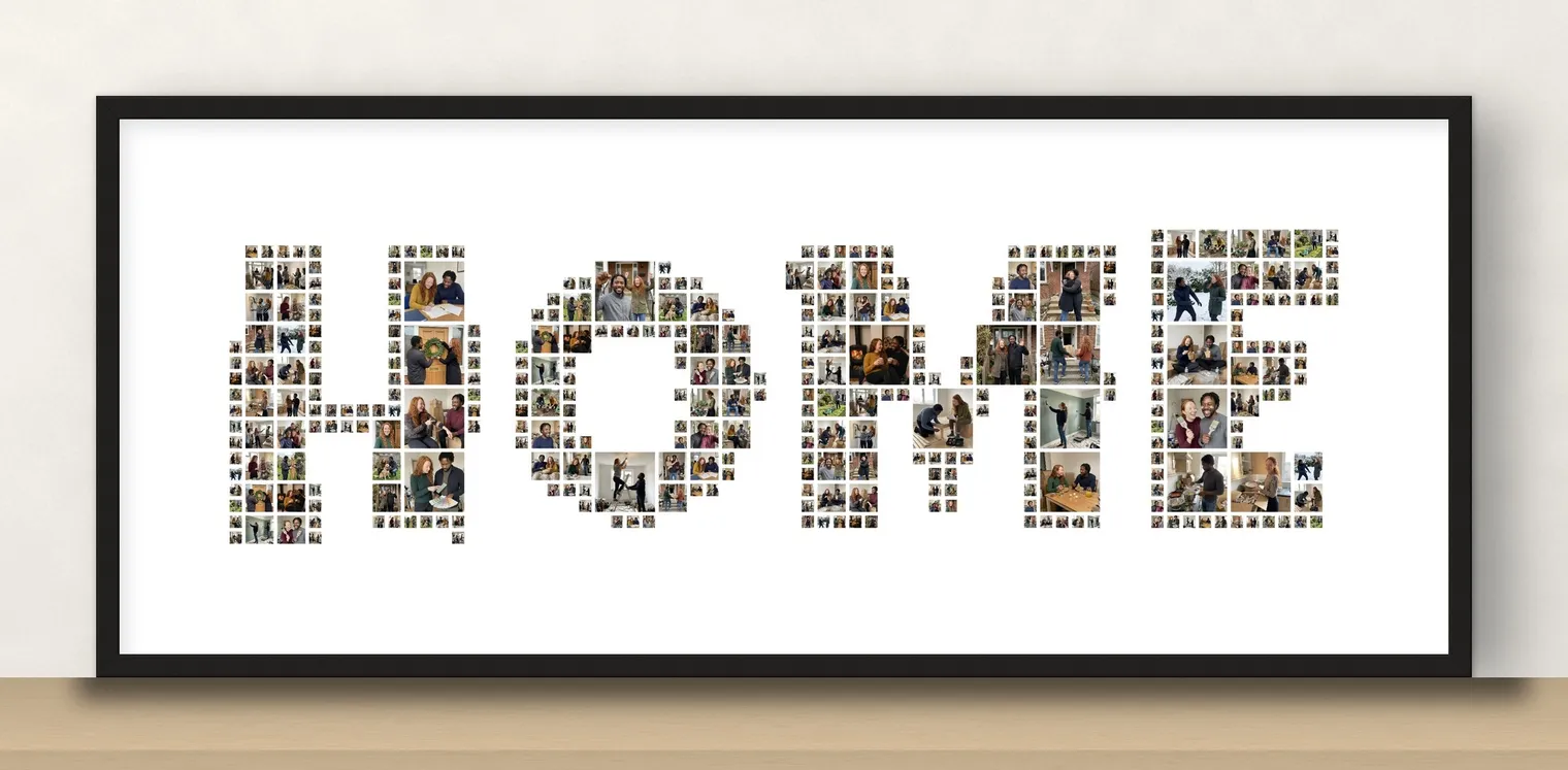 The word HOME in bold letters made of photos, a home word photo collage for a housewarming, in a thin black frame on a wooden shelf