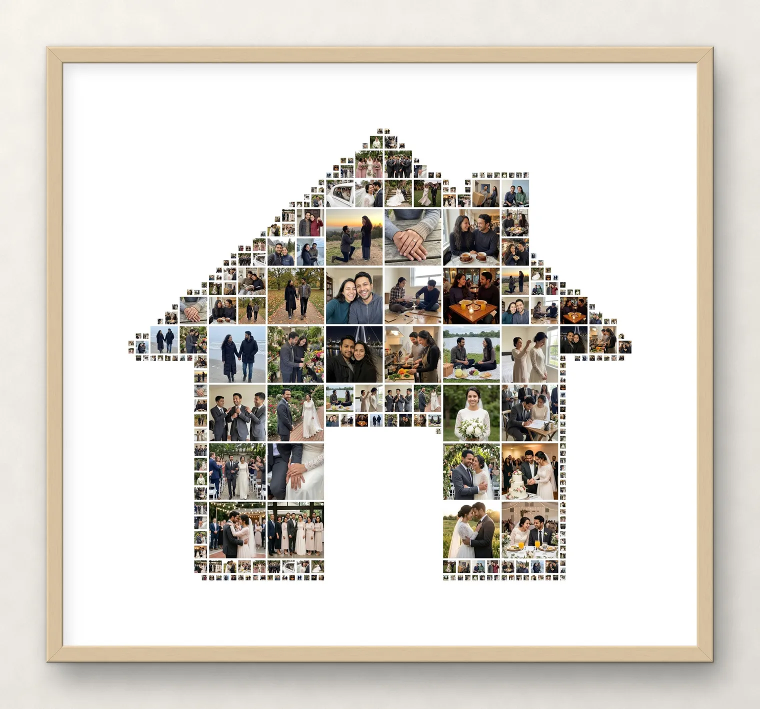 House-shaped photo collage with a chimney, made of photos of a couple’s wedding and first months together, in a thin birch frame