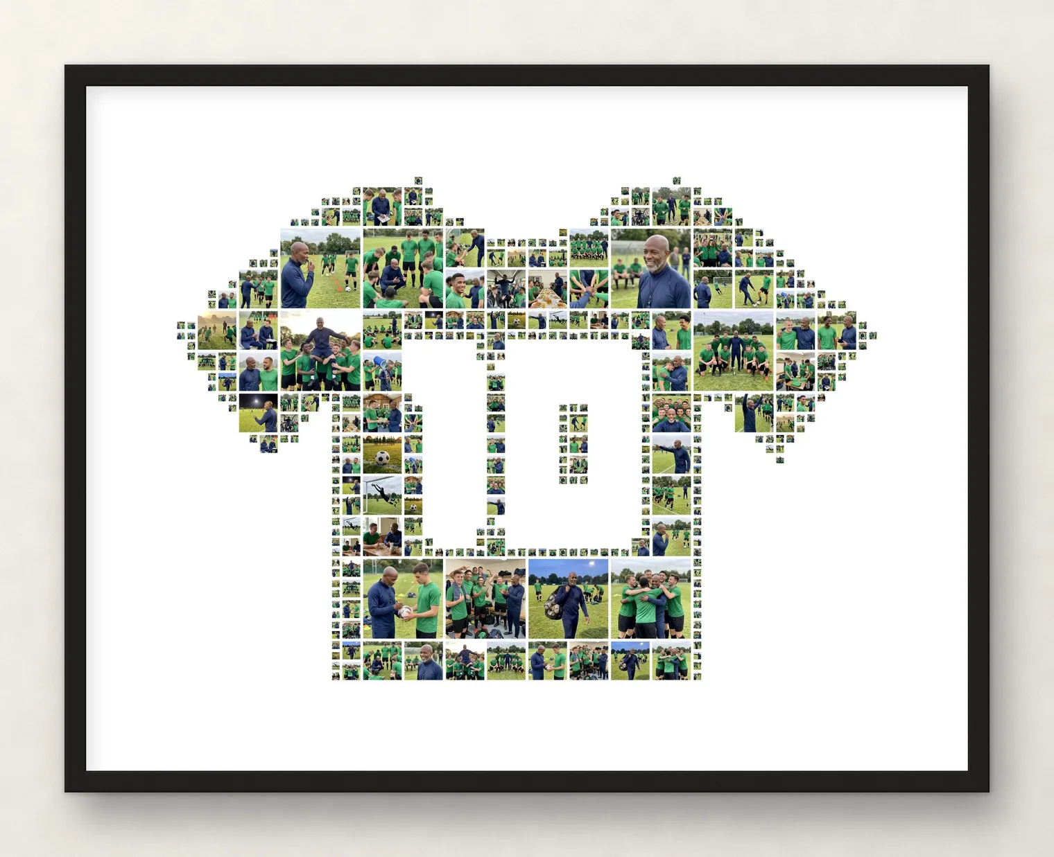 Jersey-shaped photo collage made of team photos, with the number 10 from the shape cut out in the middle, in a thin black frame