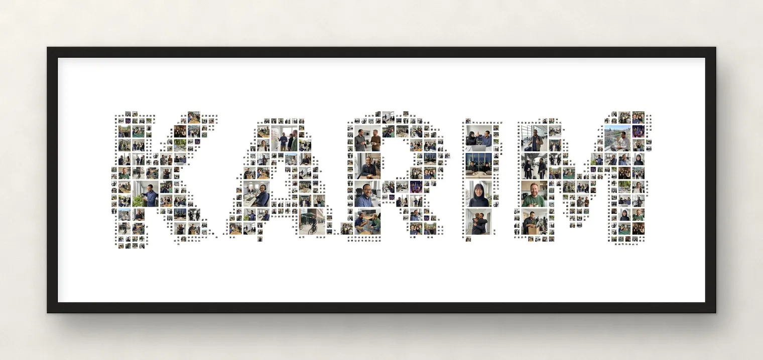 The name KARIM in rounded bold letters made of photos of an office team, in a thin black frame on a wall