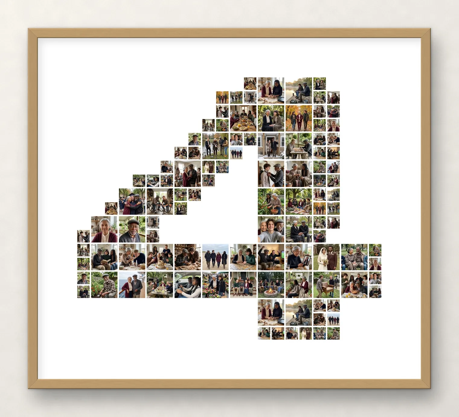 The number 4 in bold letters made of photos of four grandchildren, a number-of-grandchildren photo collage, in a thin oak frame