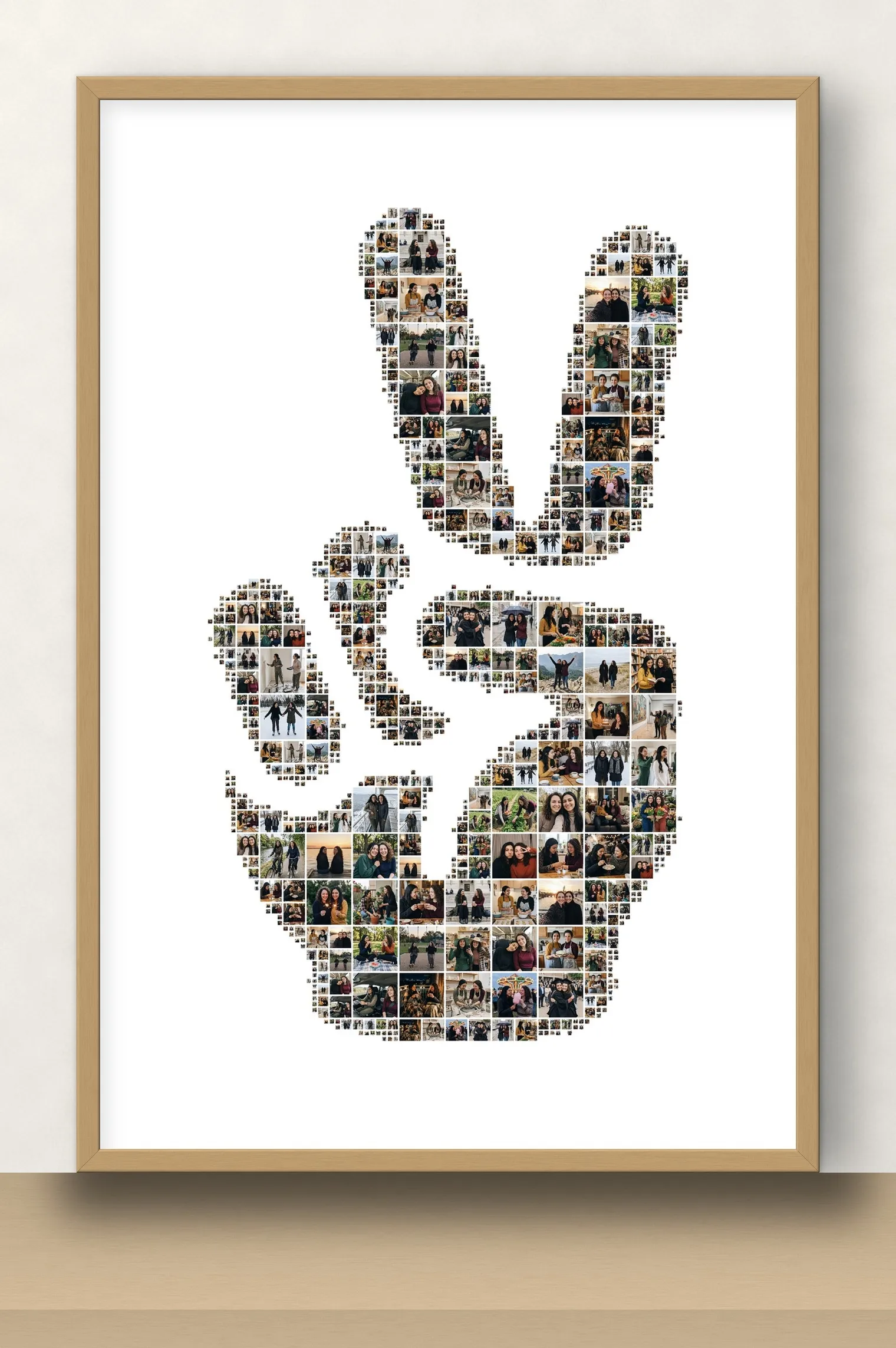 Photo collage in the shape of a hand making a peace sign, filled with photos of two best friends, in a thin oak frame standing on a shelf