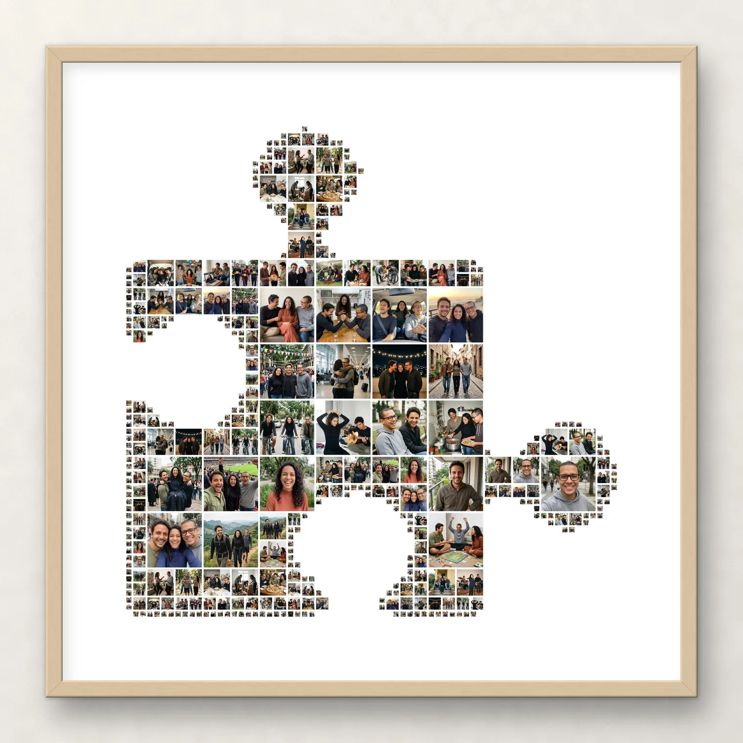 A puzzle-piece-shaped photo collage made of photos of a brother and sister, a puzzle piece gift for sibling, in a thin birch frame