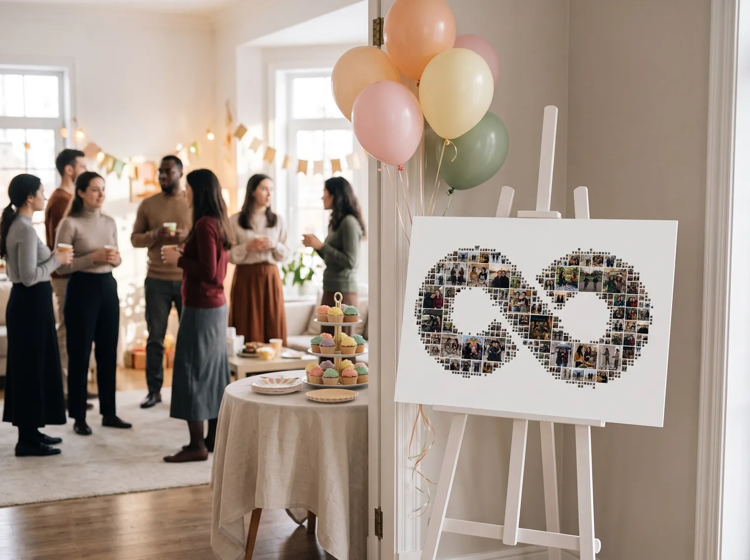 Infinity-sign friendship collage on a white easel at a birthday party entrance with pastel balloons and cupcakes