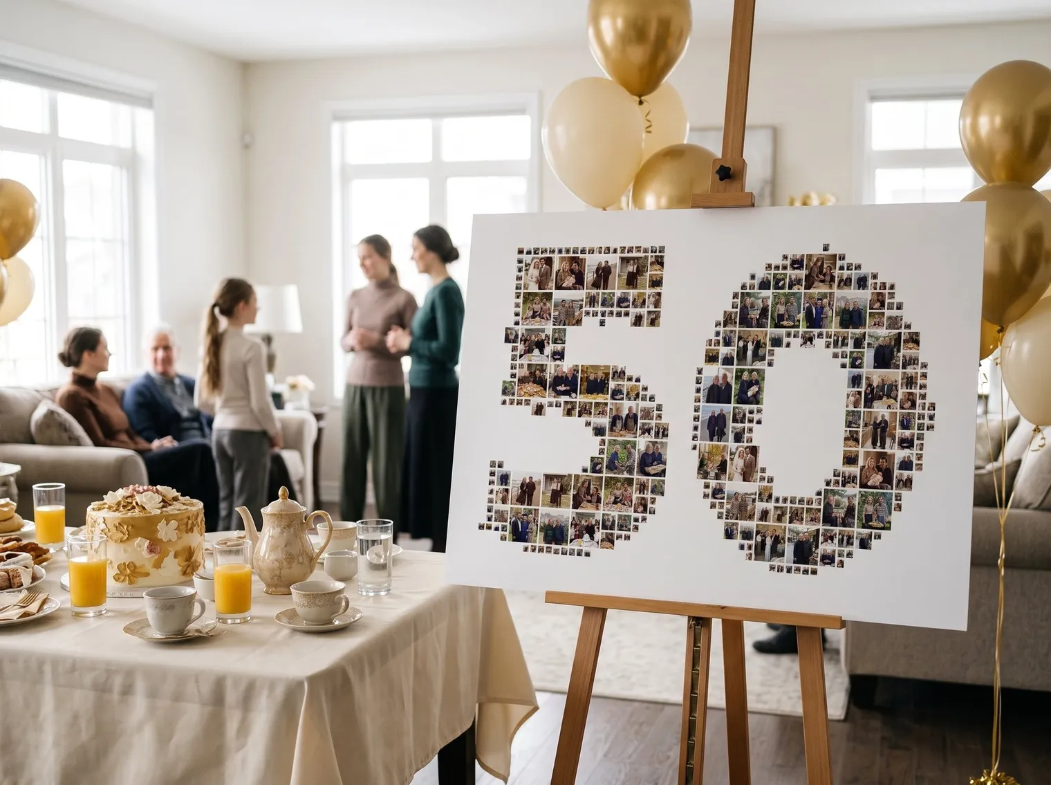 Golden anniversary photo collage displayed on an easel at a family party