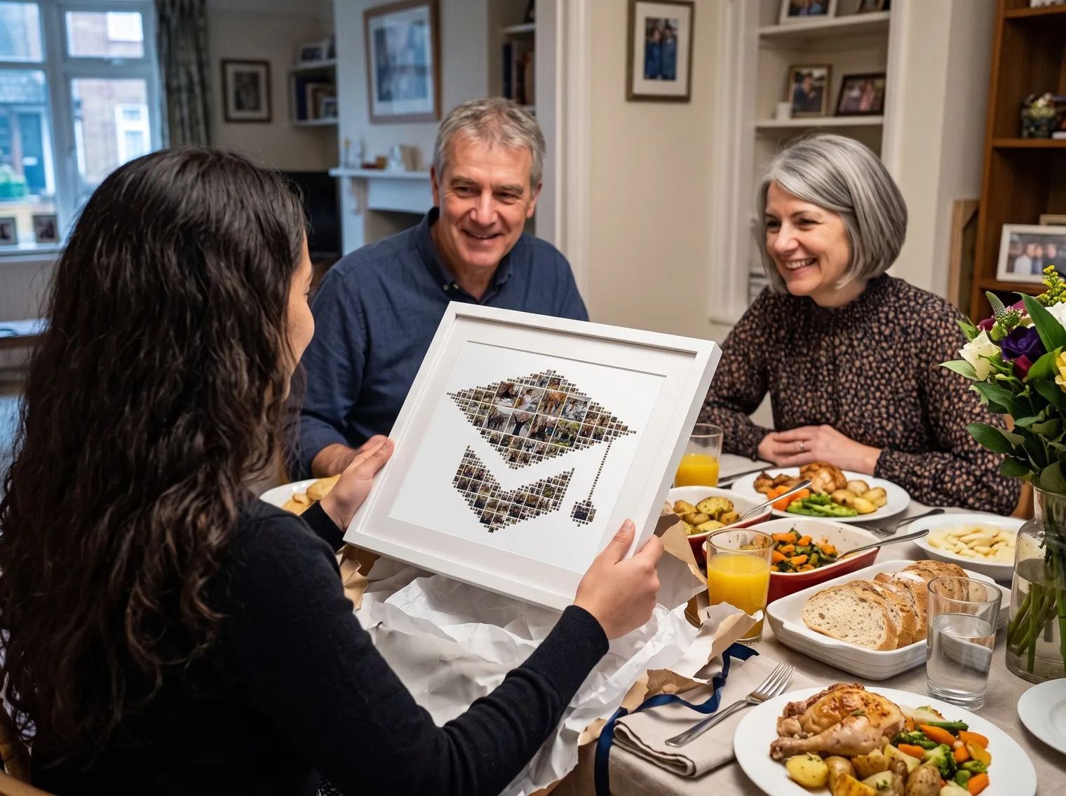 Graduate lifting a graduation cap photo collage in a white frame out of gift wrap at a family dinner table, parents smiling