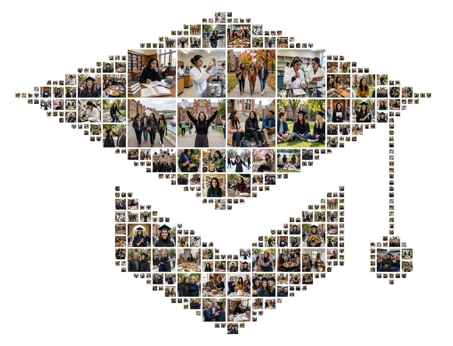 Graduation-cap-shaped photo collage with a tassel, made of university photos of a graduate with friends and family