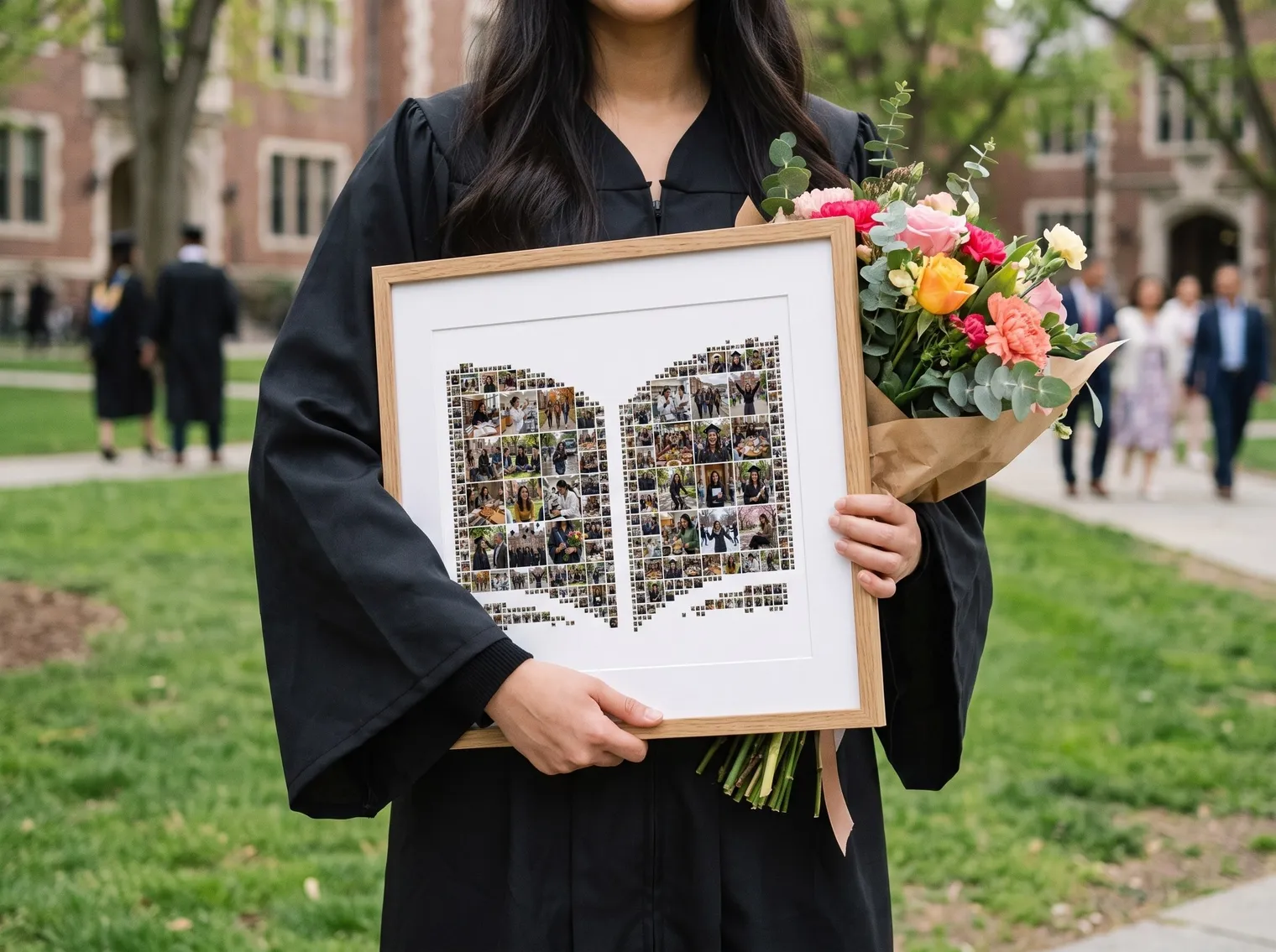 A graduate in a black gown, seen from the shoulders down, holds the open-book photo collage in a light oak frame together with a bouquet of flowers
