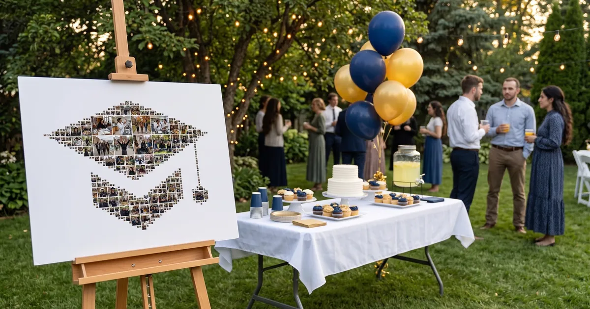 A graduation-cap-shaped photo collage printed on white foam board on a wooden easel at a garden graduation party, beside a table with a white cake, cupcakes and lemonade, navy and gold balloons and string lights