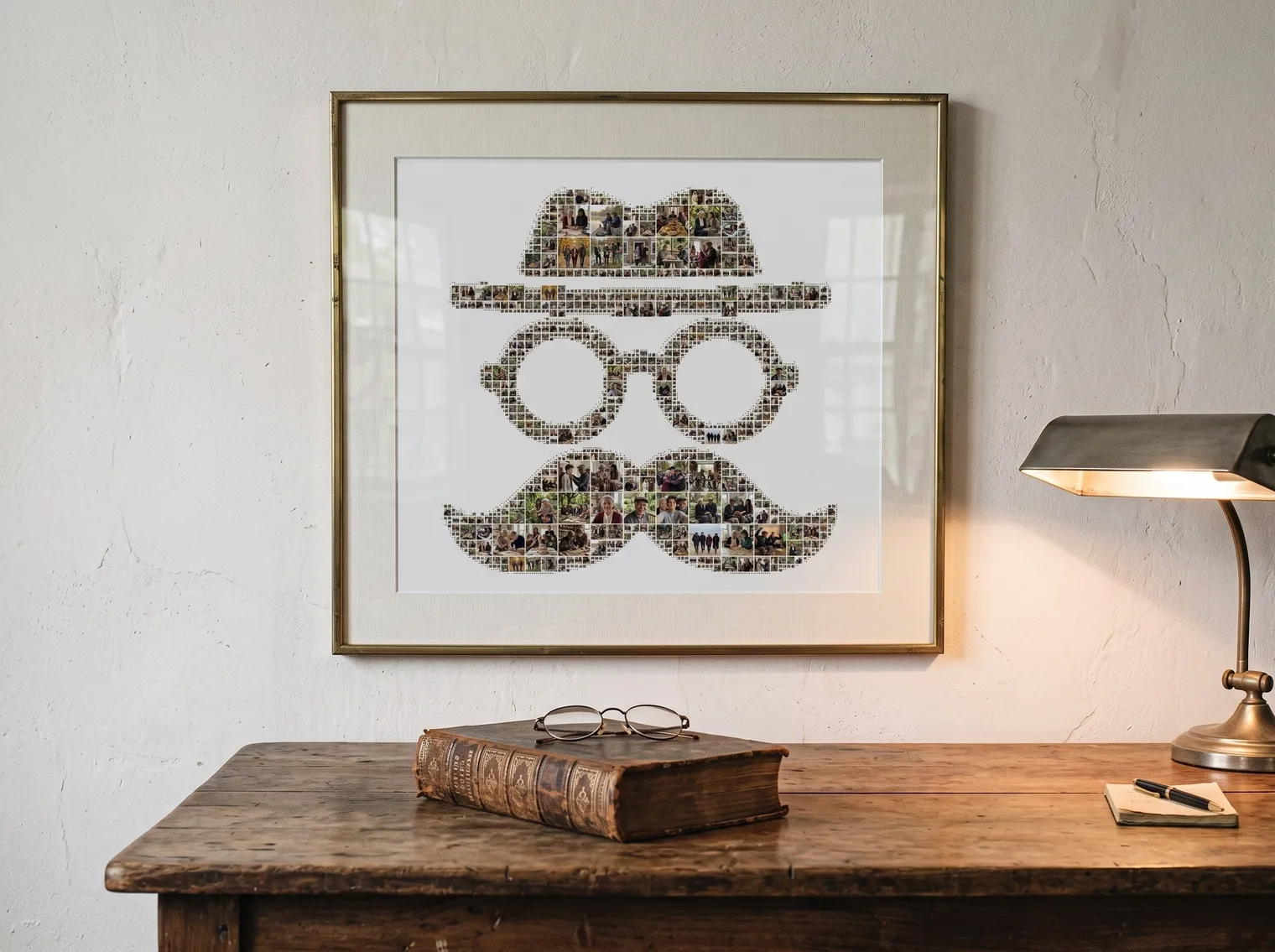 The grandpa hat, glasses and moustache photo mosaic in a thin brass frame with a white mat above a study desk with a lamp, an old book and reading glasses