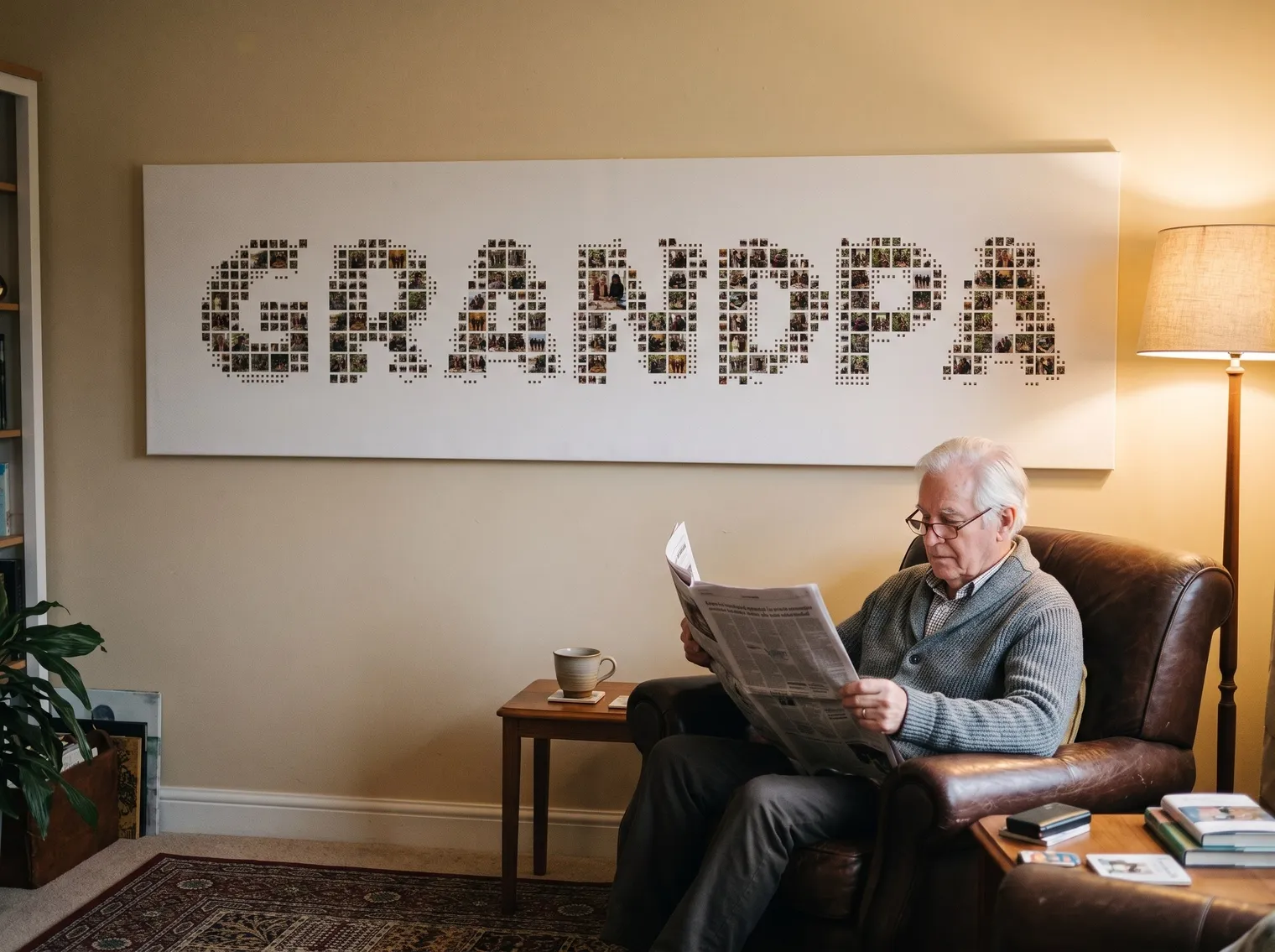 The GRANDPA collage as a long canvas above a leather armchair where an older man reads