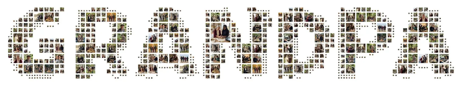 The word GRANDPA in rounded bold letters made of family photos, a very wide grandpa photo collage