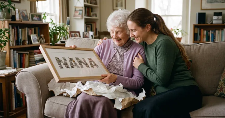 An older woman with short white curly hair in a lilac cardigan unwraps a NANA photo collage as her granddaughter hugs her