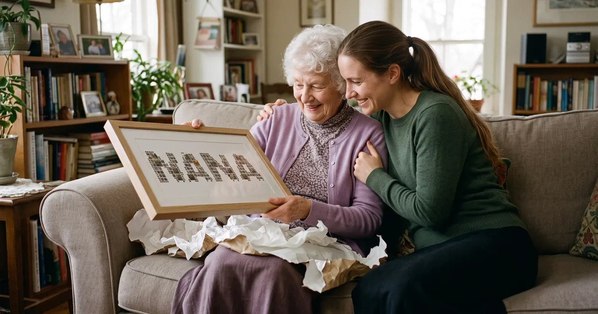 An older woman with short white curly hair in a lilac cardigan unwraps a NANA photo collage as her granddaughter hugs her