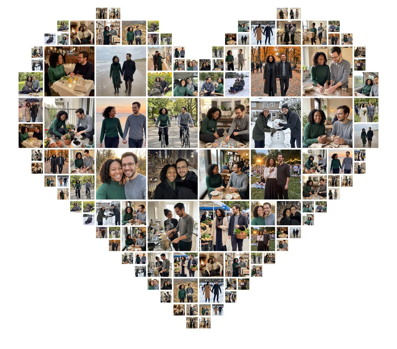 Heart-shaped anniversary collage of a young couple's first-year photos