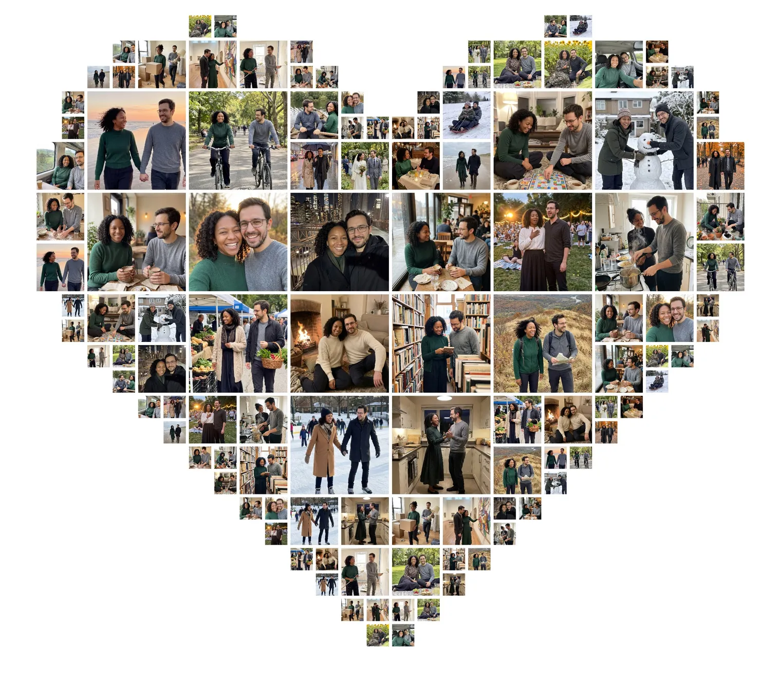 Heart-shaped photo collage made from 32 photos of a couple