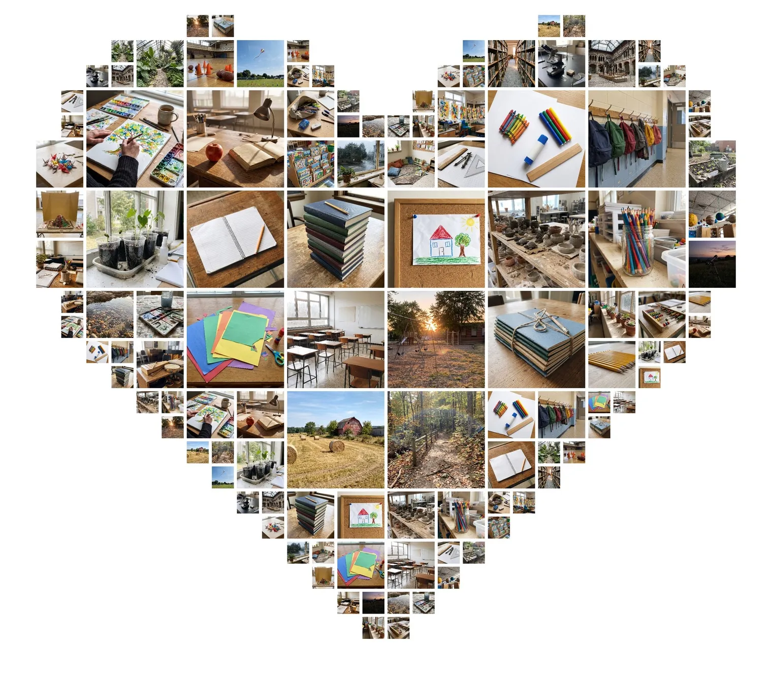 Heart-shaped photo collage of classroom objects, books, plants and art supplies