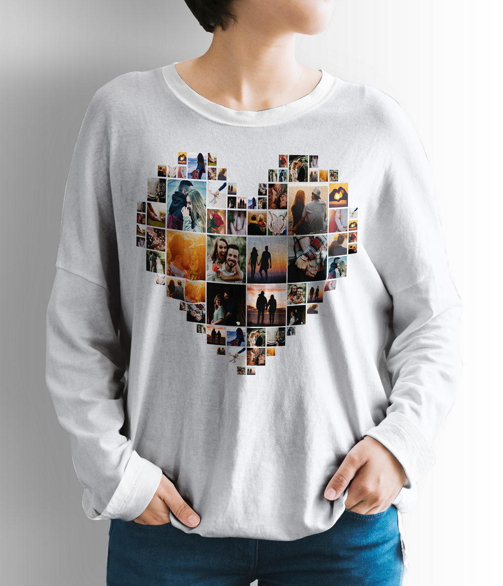 Custom heart-shaped photo collage printed on a T-shirt