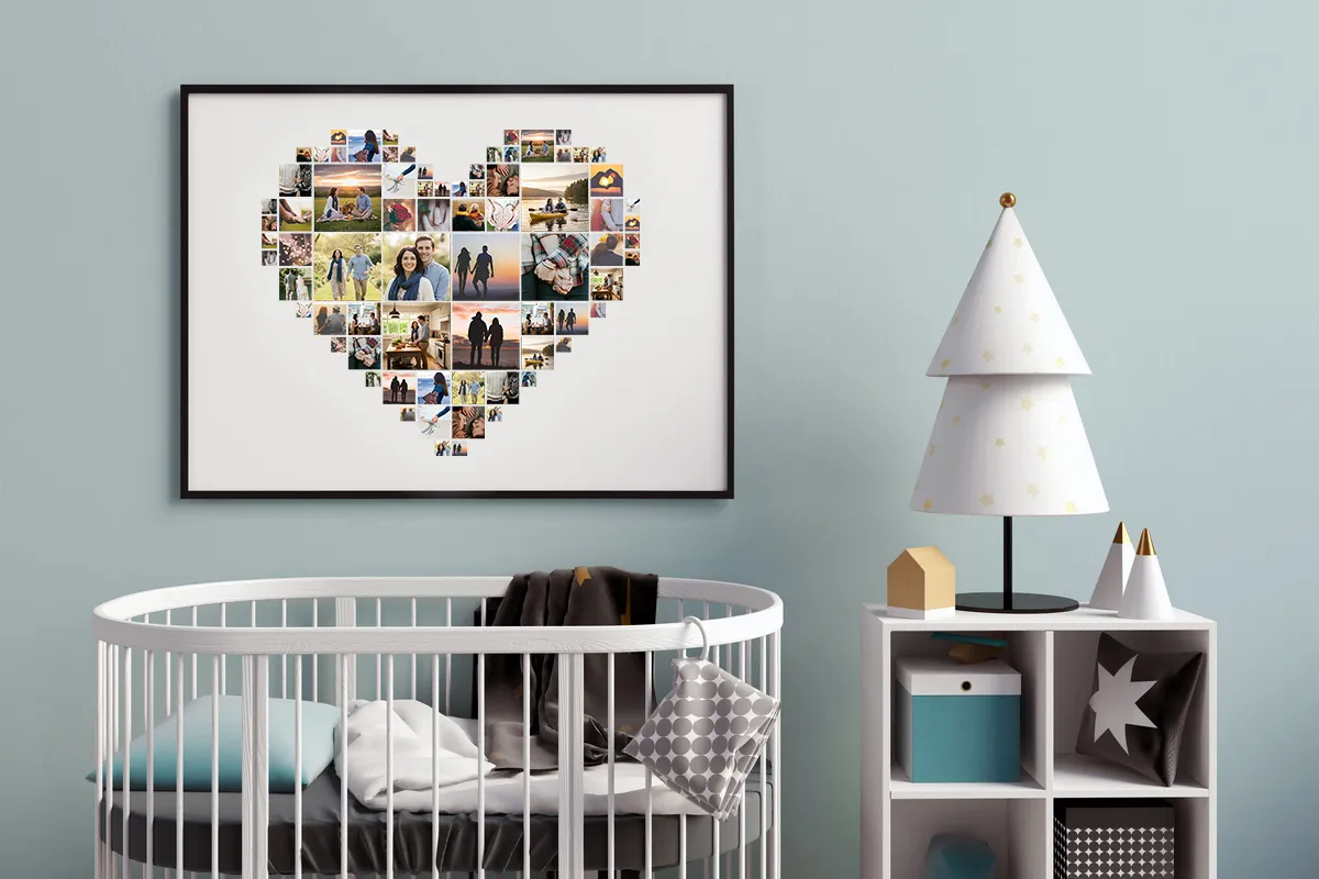Framed heart-shaped picture collage displayed as a wall decoration