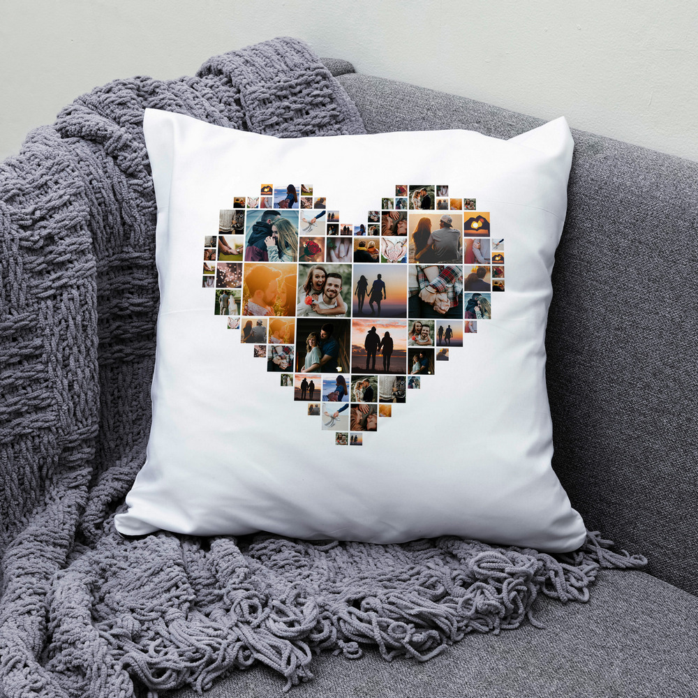 Personalized pillow with heart-shaped collage of family photos
