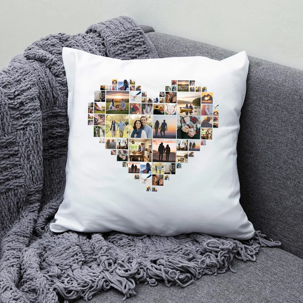 Personalized pillow with heart-shaped collage of family photos