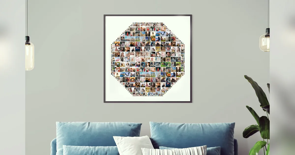 A large hexagon-shaped photo collage with over 100 photos, framed and hanging on a living room wall.
