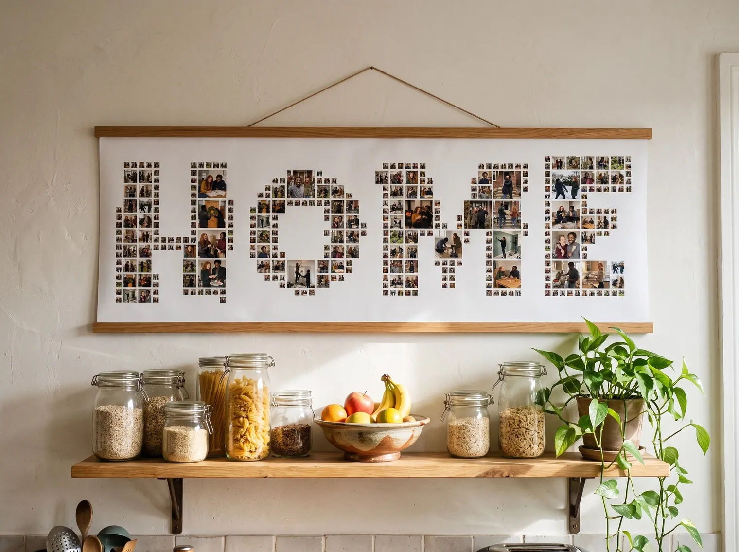 The HOME photo collage as a poster in a wooden clip hanger above a kitchen shelf with jars and fruit