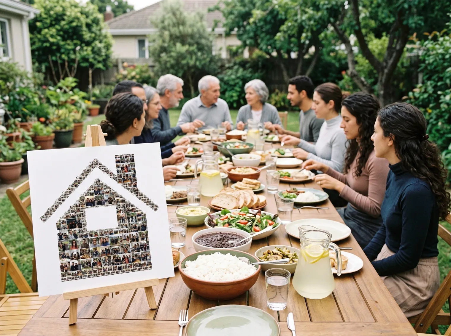 The house collage on a small easel at a garden family lunch table with siblings and parents