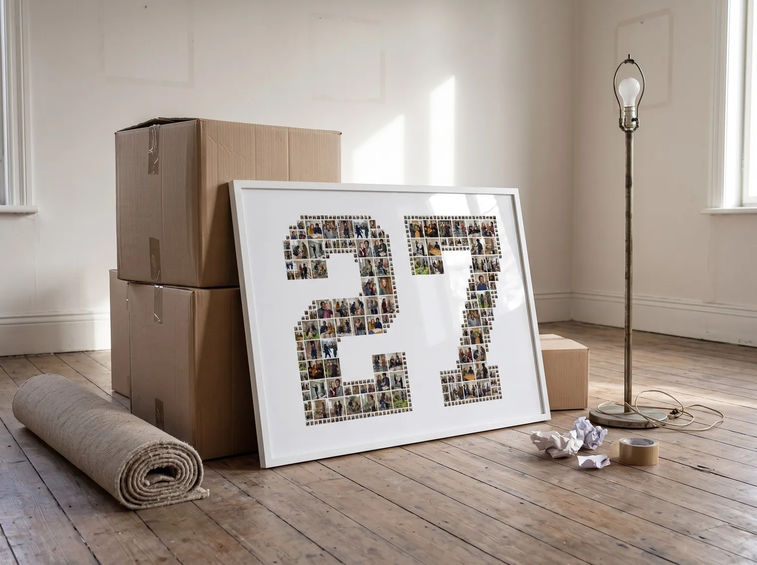 The 27 photo collage in a white frame leaning against moving boxes in an empty living room on moving day