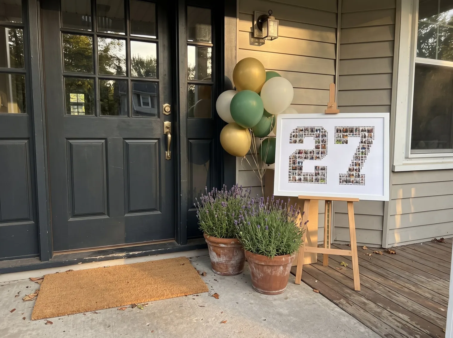 The 27 photo collage on a small easel by the front door, beside lavender pots and balloons, as a welcome sign