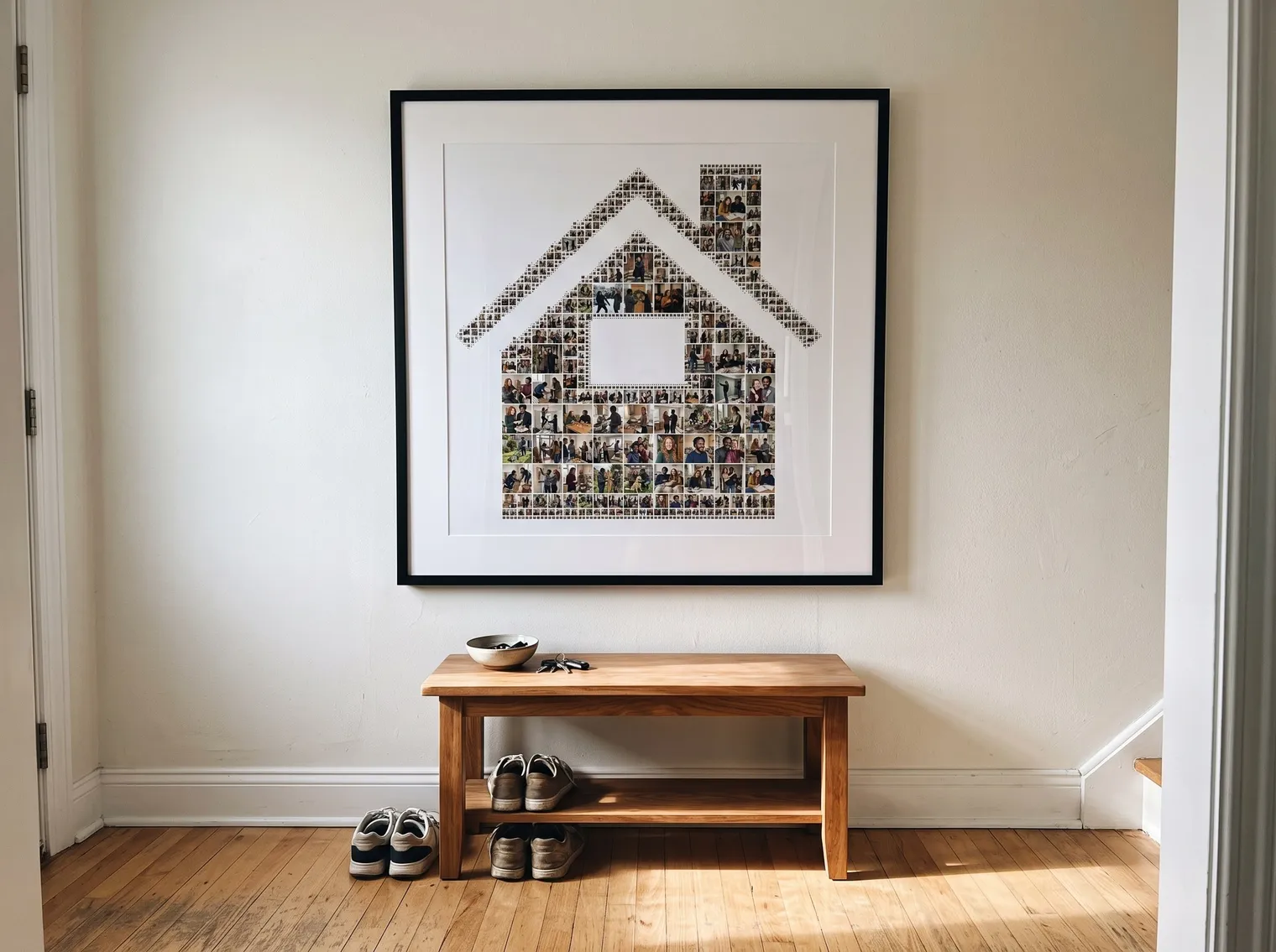 The house photo collage in a slim black frame with a white mat on a hallway wall above a shoe bench with a bowl of keys