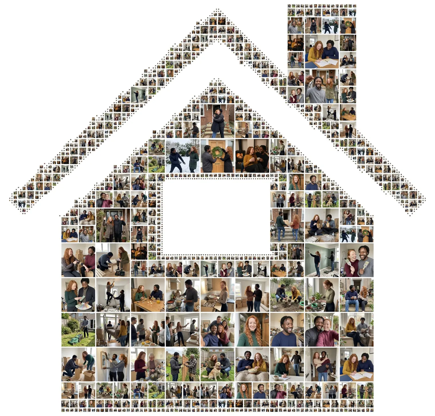 House-shaped photo collage with a chimney and a window cut out, made of about 40 photos of a couple’s first year at home