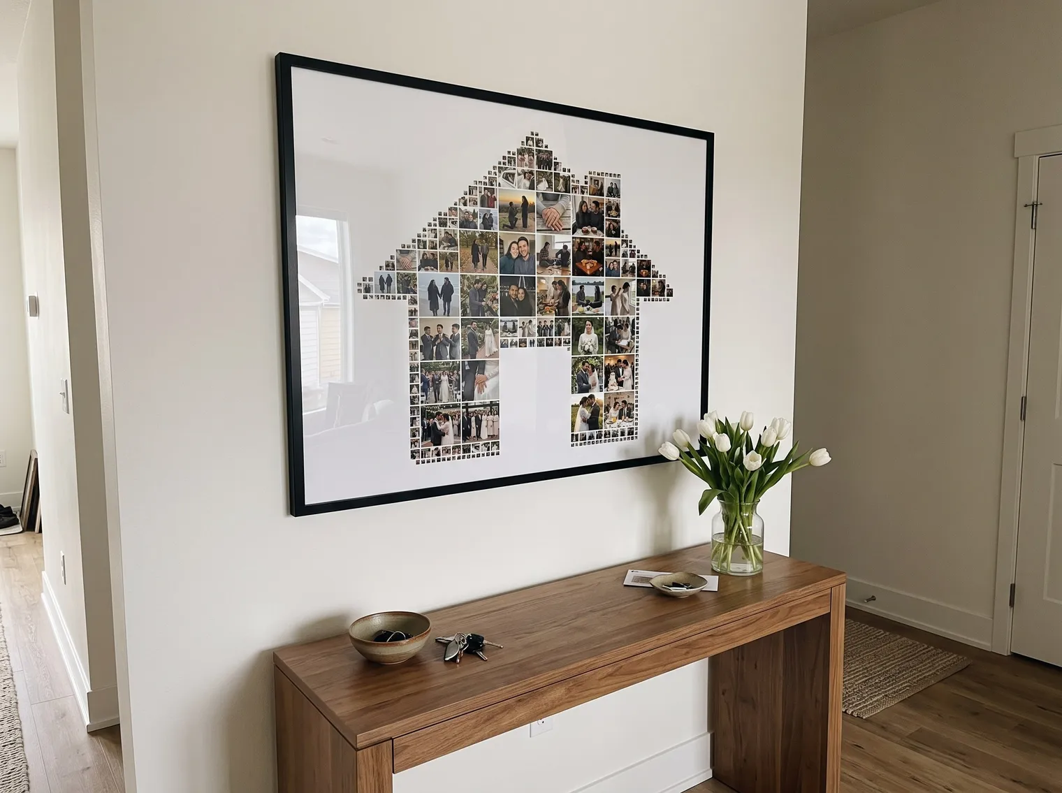 The house wedding collage in a slim black frame above a hallway console with a bowl of keys and white tulips