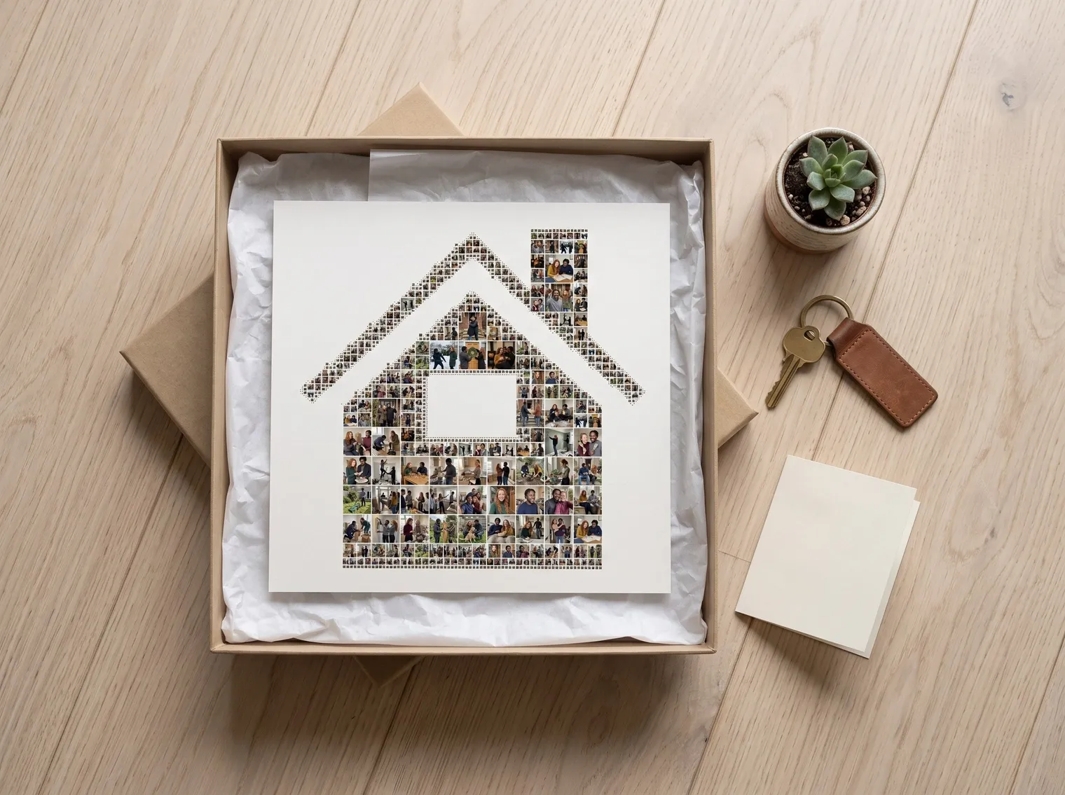 House collage print in an open gift box with tissue paper, a brass key on a leather key ring, a succulent and a blank card